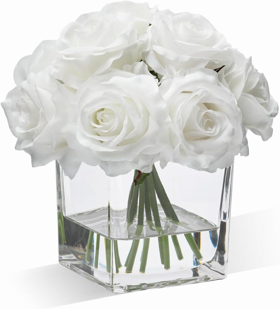 WELL KNOWN Rose Artificial Flowers in Vase with Faux Water, Silk Rose Table Centerpieces for Home Coffee Table Decor, Fake Roses Flower Arrangements for Office Hotel Lavatory Decor