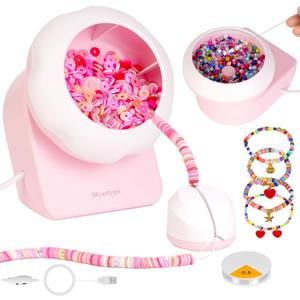 Myartype Clay Bead Spinner and Seed Bead Spinner, 2-in-1 Electric Bead Spinner for Jewelry Making, Bracelet Spinner and Necklace Making Machine with Needles and Thread (Pink), (Beads Not Included)