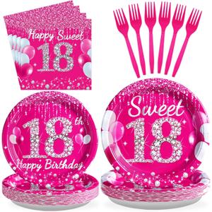 Grencian 96 Pcs 18th Birthday Party Supplies Hot Pink Sweet 18 Years Old Plates and Napkins Disposable Tableware Set Eighteen Birthday Decorations for Girls Happy 18th Birthday Party Favors Serves 24