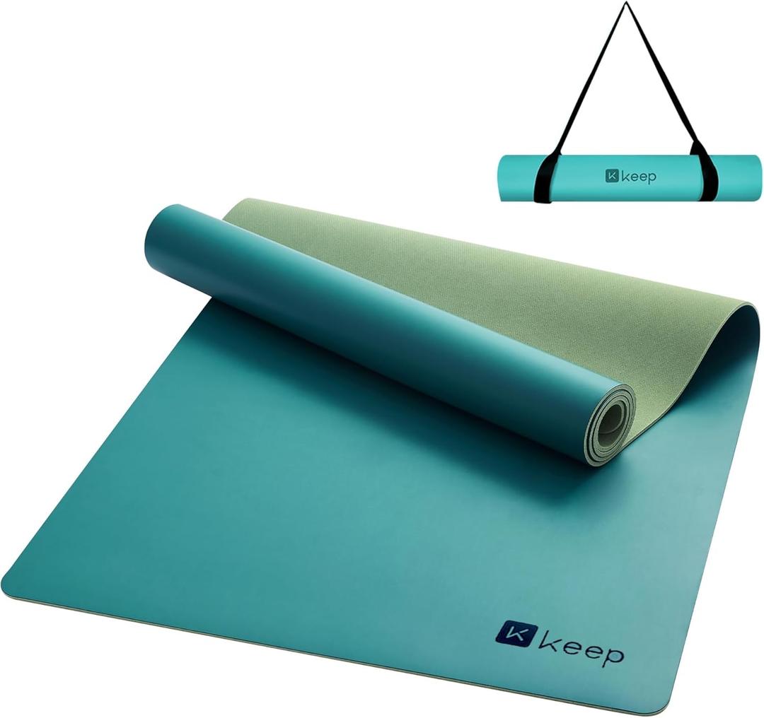 KEEP Rubber Yoga Mat - Professional Sweat Absorbent PU & Natural Rubber. Non Slip Workout Mats for Women & Men, 5mm Thick, 74"x26" Extra Long Wide Pad for Hot Yoga, Pilates, HIIT, Home Gym - Strap Included (Green)