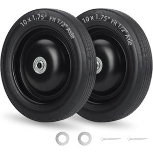 GICOOL 10" x1.75" Flat-Free Solid Rubber Tire and Wheel 1/2" Axle Bore Hole, 1.6" Offset Hub, 2 Pack, Black