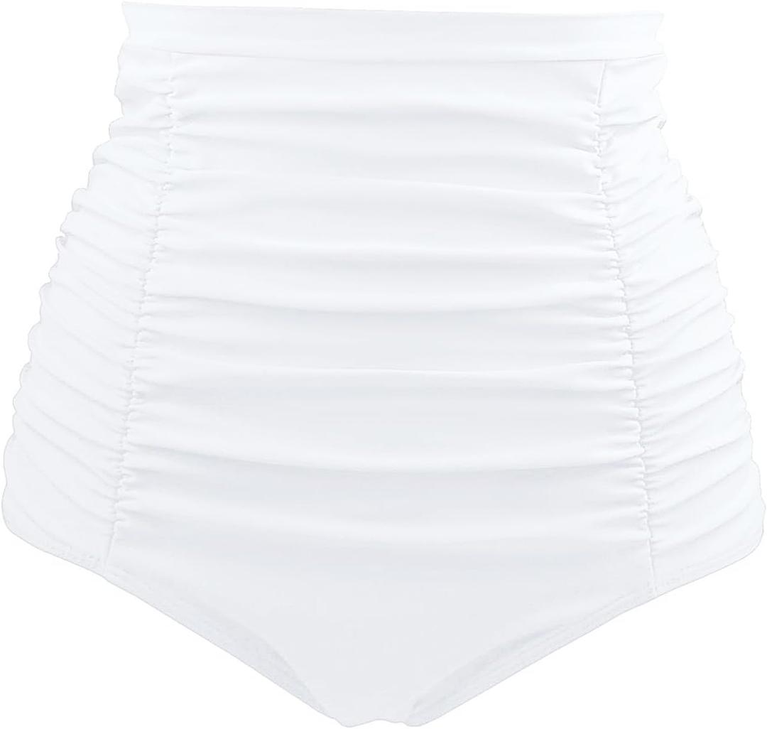 Tempt Me Women's High Waisted Swimsuit Bottom Tummy Control Ruched Bikini Bottom Vintage Swim Bottom Tankini Briefs (Large, White)