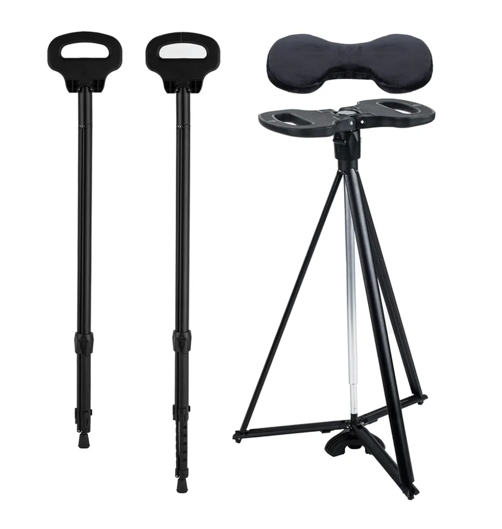 Walking Stick With Seat - Adjustable Portable Cane, Foldable Stool With 2 Bases, Pocket Storage Bag and Removable Cushion - Aluminum Lightweight Mobility Aid Crutch
