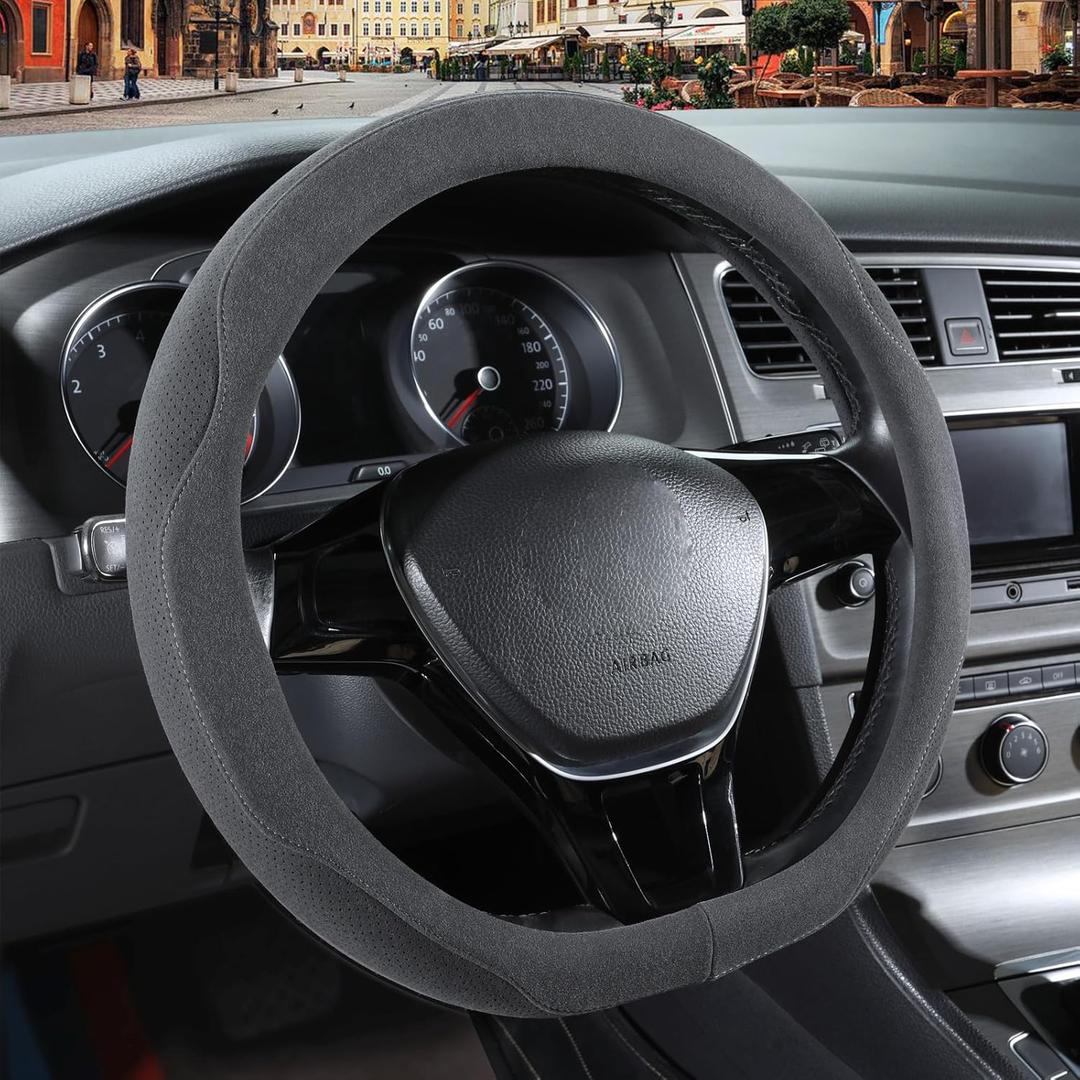 Gray Suede D Shaped Steering Wheel Cover, Breathable Non-Slip Sweat-Proof Wear-Resistant No Pilling, Warm in Winter and Cool in Summer, Universal 15 inch