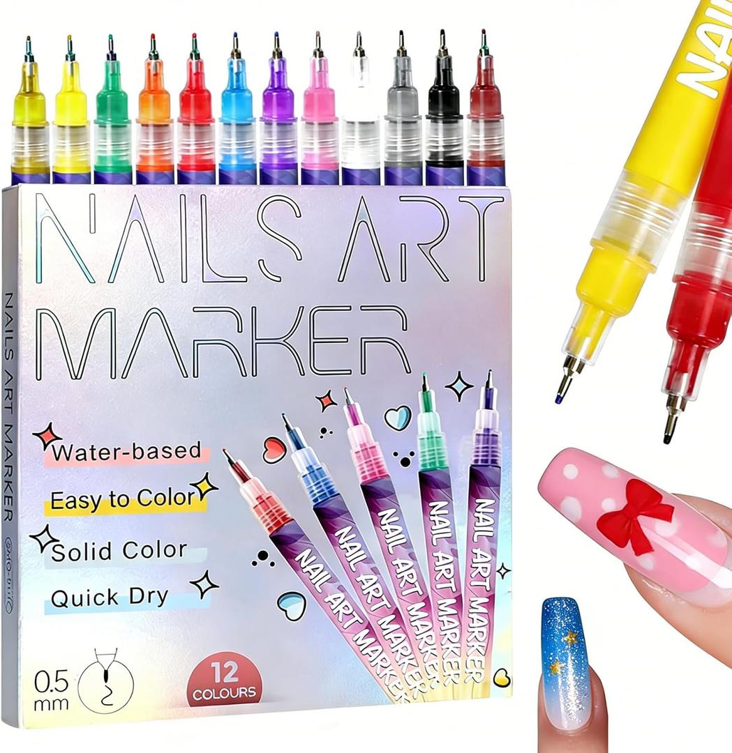 Nail Art Pens for Painting Nails 0.5mm Fine Tip - Nail Art Markers for Kids, Girls & Gel Nails, Quick-Dry Nail Polish Pens for Painting Nails, Dotting & Drawing Designs (12-Color Kit)