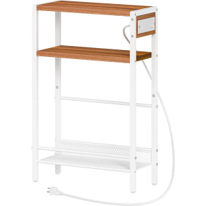 HOOBRO Small Narrow Side Table with Charging Station, Skinny End Table for Small Spaces, Slim Nightstand with USB Ports Outlet, Sofa Beside Table with Storage Shelf, White and Walnut WH102UBZ01