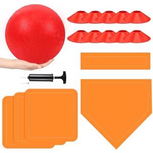 Hiboom 16 Pcs Sports Kickball Set Includes 10 Inches Playground Ball 5 Rubber Throw Down Bases Ball Pump 10 Foul Line Cones for Kids Adults Playground School Backyard Game Camps Picnic