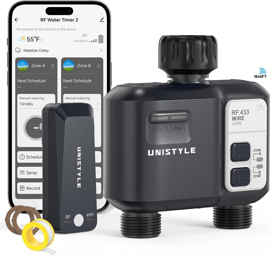 [All-New 2027] 1700FT WiFi Sprinkler Timer 2 Zone, Unistyle Smart Hose Timers Compatible Alexa & Google Voice and App Control, Water Timer for Garden Hose with Auto & Manual Modes for Garden Lawn