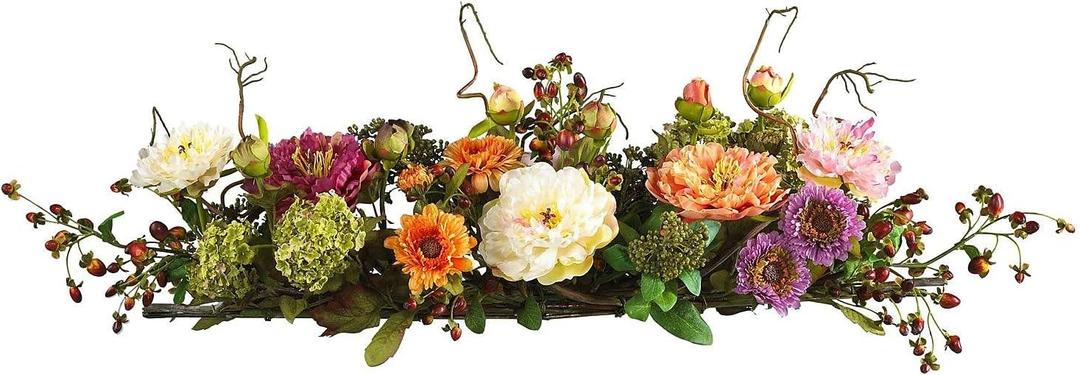 Nearly Natural 4665 Mixed Mini Peony Centerpiece Silk Flower Arrangement, 10"D x 34"W x 6.5"H