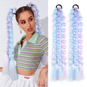 2 Pcs 22 Inch Lightweight Bubble Ponytail Extensions, Fiber Mix Four Silky Colorful Braids with Hair Tie, Crazy Hair Day, Festival Rave Accessories for Girls (Pink/Blue/Purple/Light Cyan#)