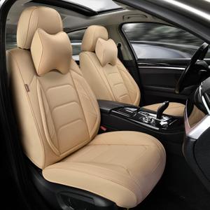 Beige Car Seat Covers Front Pair, Breathable Leather Automotive Front Seat Covers & Headrest for Comfortable Driving, Compatible with Most Cars Sedans SUV Pickup Trucks