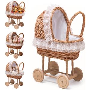 Wicker Baby Carriage for Baby Shower, Lace Basket Stroller Prop