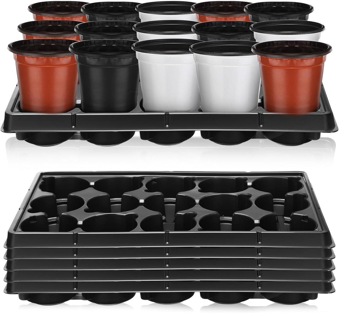 Baderke 6 Sets 4 Inch Plant Nursery Pots, 15 Cell Plastic Pots for Flower Seedling, Flower Plant Container Seed Starting Germination Flowerpot Trays(Brick Red)