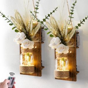 Anna's Whimsy 2PACK Mason Jar Sconce Wall Decor Rustic with Remote Control LED Fairy Lights - Artificial Flowers Spring Decorations for Home Bedroom Farmhouse(White Rose) (Pumpkin Fruit)