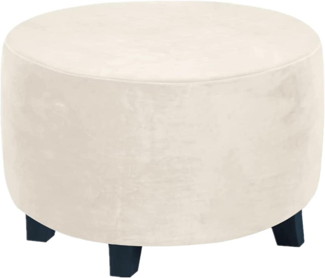 Round Ottoman Slipcover Stretchable Footstool Cover with Elastic Bottom | Plush Velvet Fabric | Fits Storage Ottomans, Poufs & Stools (Ivory, X-Large)