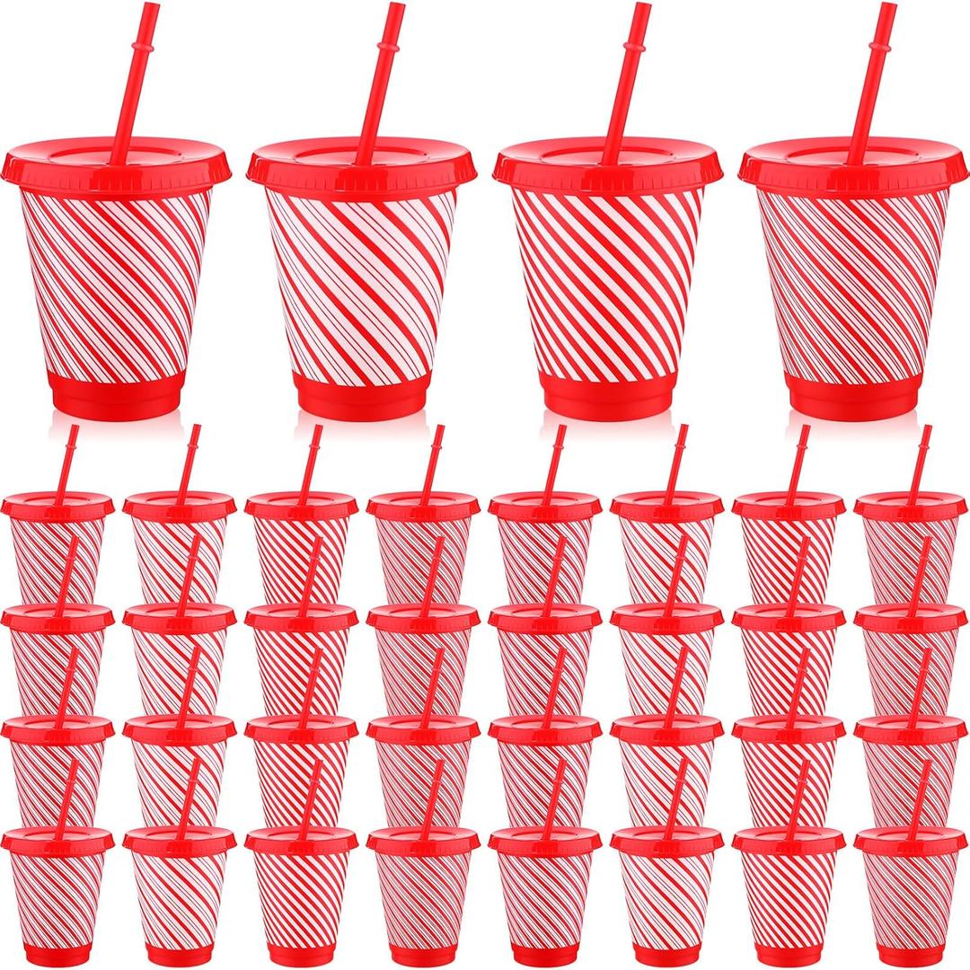 Skylety 36 Pcs Bulk Christmas Candy Plastic Cups with Straws and Lids for Coworkers Employee 16 oz Red White Candy Cups Xmas Tumbler Reusable for Team Nurse Teacher Office Staff Hot Chocolate, 4Style