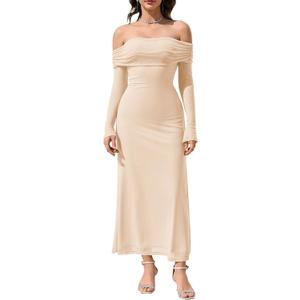 KUTUMAI Women Off Shoulder Bodycon Maxi Dress Long Sleeve Mesh Ruched Party Formal Wedding Guest Dresses (Large, Beige)