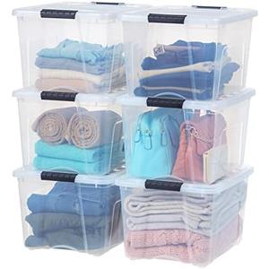 IRIS USA 40 Qt Stackable Plastic Storage Bins with Lids, 6 Pack - BPA-Free, Made in USA - See-Through Organizing Solution, Latches, Durable Nestable Containers, Secure Pull Handle - Clear
