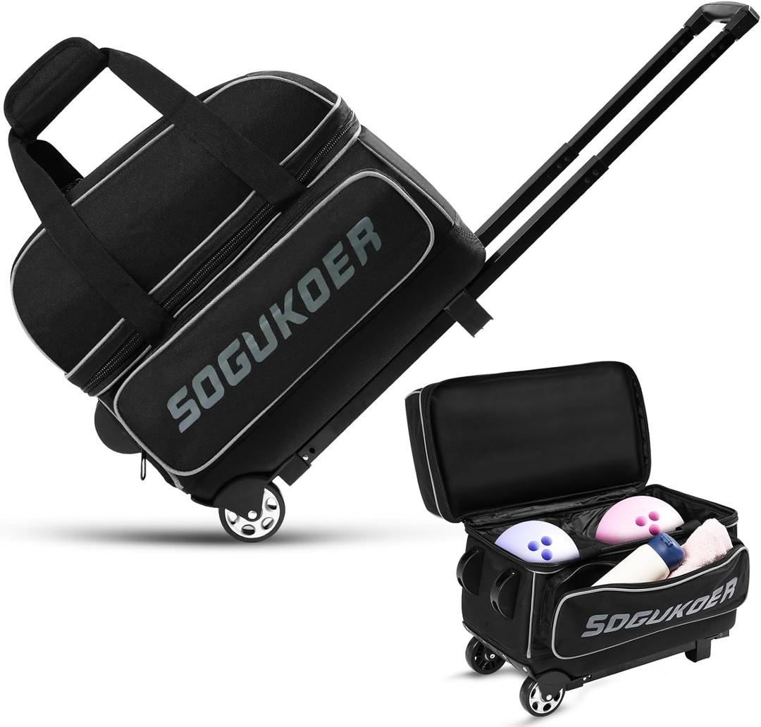 2 Bowling ball Bag with Wheels, Lightweight Trolley Double Ball Bowling bag with Large Separate Shoe Compartment and Oversized Accessory Pocket, Retractable Handle Extends To 39.5" (Black & Grey)