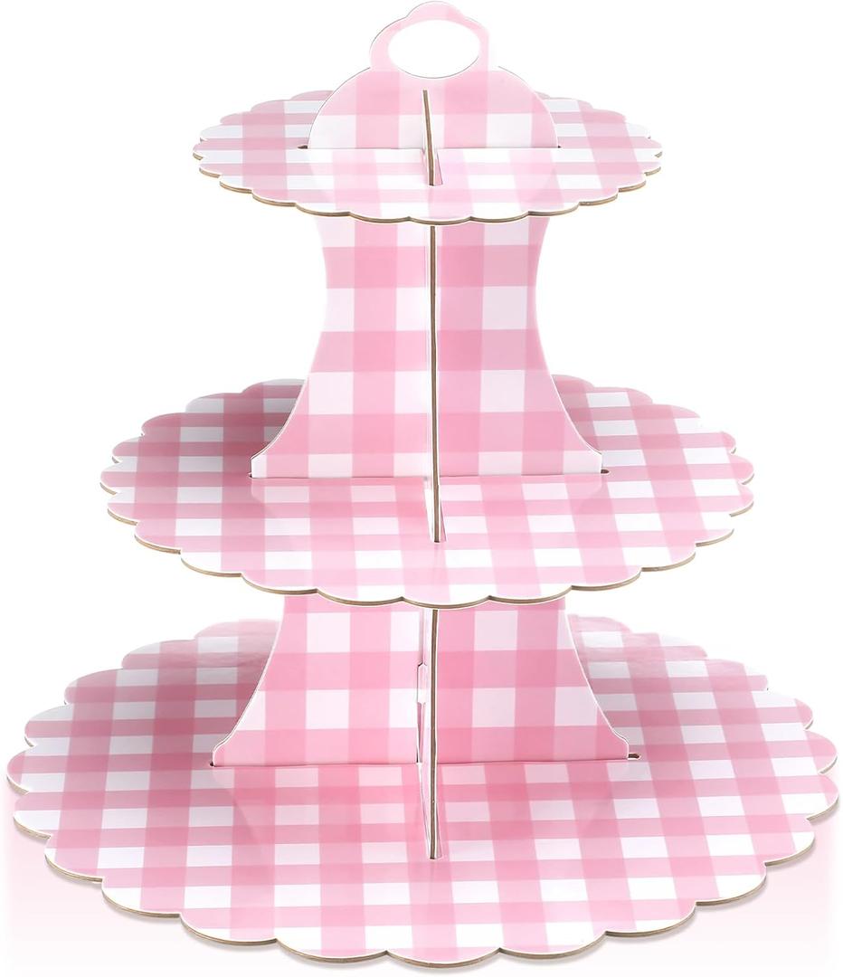 Willinglong 1 Pcs Gingham 3 Tier Cardboard Cupcake Stand Silly Goose Paper Cupcake Stand Tower Tiered Cup Cake Dessert Display Holder for Birthday Baby Shower Party Supplies Decorations (Pink)