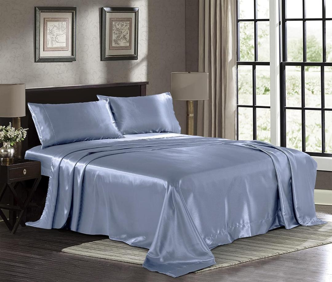 Pure Bedding Satin Sheets Full [4-Piece, SkyBlue] Hotel Luxury Silky Bed Sheets - Extra Soft 1800 Microfiber Sheet Set, Wrinkle, Fade, Deep Pocket Fitted Sheet, Flat Sheet, Pillow Cases
