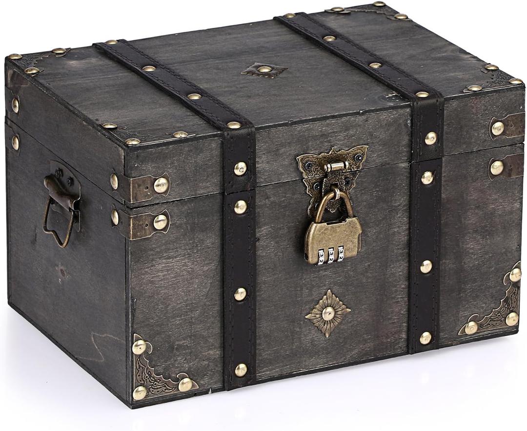 ELLDOO Wooden Treasure Chest with Lock, Vintage Pirate Chest Keepsakes Box for Kids Gifts, Handmade Treasure Storage Decorative Box for Jewelry Coins Collectibles, Large