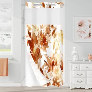 Litabel Small No Hook Gold Watercolor Floral Shower Curtain and Liner Set, Flower Shower Curtains with Snap in Liner for Summer Bathroom Decor, Modern Botanical Waterproof Shower Curtain Set,36x74