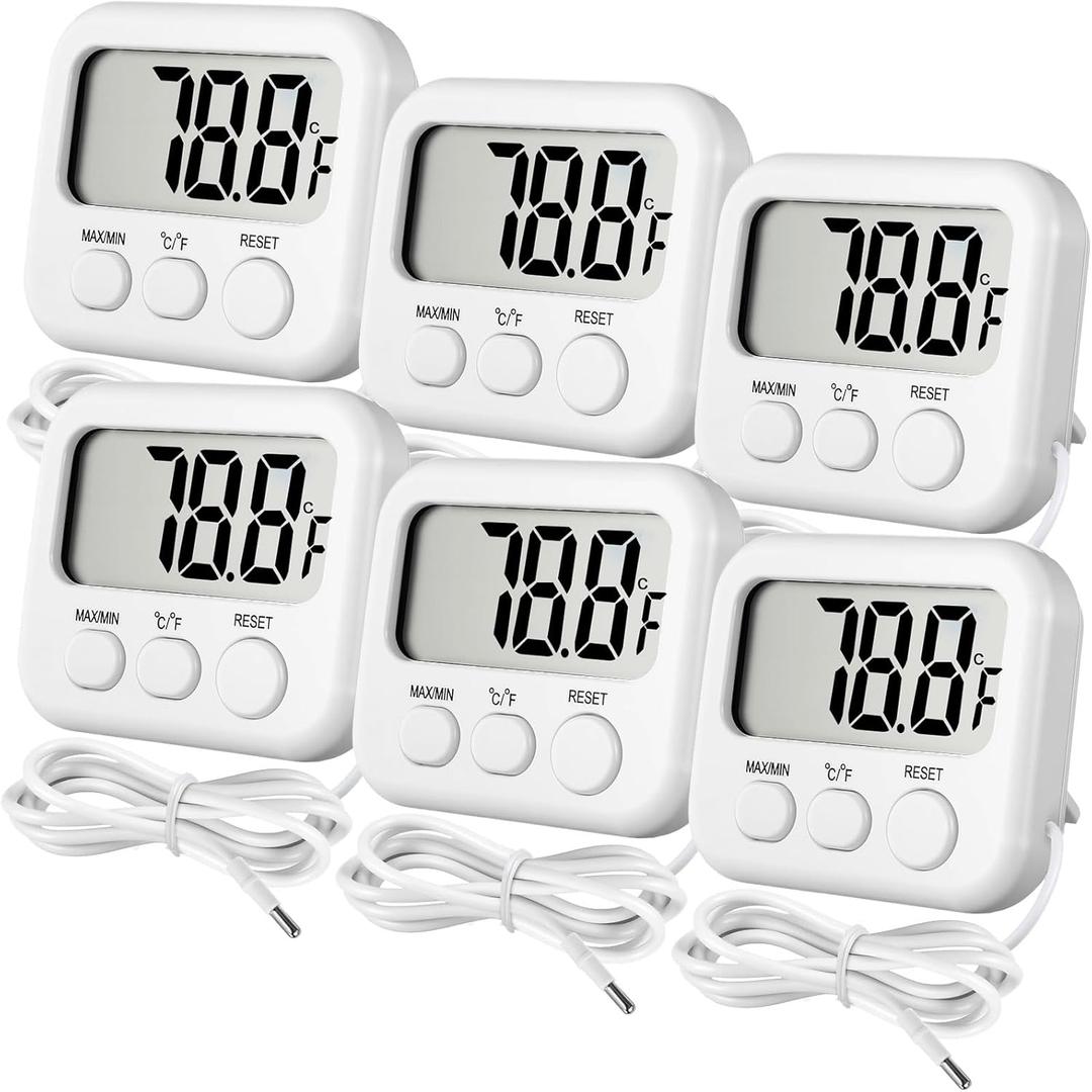 Kingdder 6 Pack Digital Thermometer with Magnetic Back External Sensor Fridge Thermometer Freezer Waterproof Room Temperature Monitor with LCD Display, Max/min Record Function for Kitchen Aquarium
