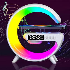 Wireless Speaker Charger Light,LED Bedside Lamp 4-in-1 Alarm Clock,Mood Light, Speaker & Wireless Charger ,G-Shaped Atmosphere Lamp Rgb Colour Changing Lamp for Bedroom,Birthday Gifts (White)