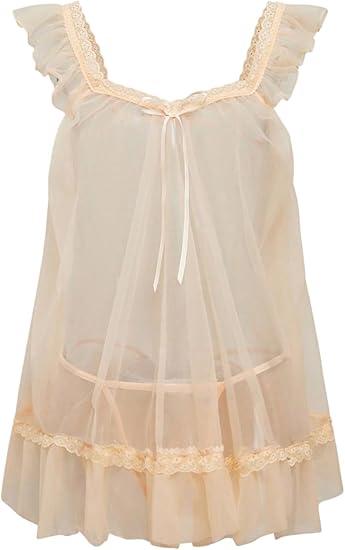 RoseSeek Women's 2 Piece Lace Mesh Babydoll Lingerie Set Sheer Chemise Nightgowns with Thongs Sleepwear, Large
