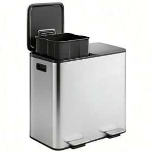 GarveeHome 2 x 8 gal Stainless Steel Double Trash Can with Lid for Kitchen, Large Dual Trash and Recycle Bin Combo, Step-on Kitchen Metal Garbage Cans, PP Inner Buckets, Liner Rim