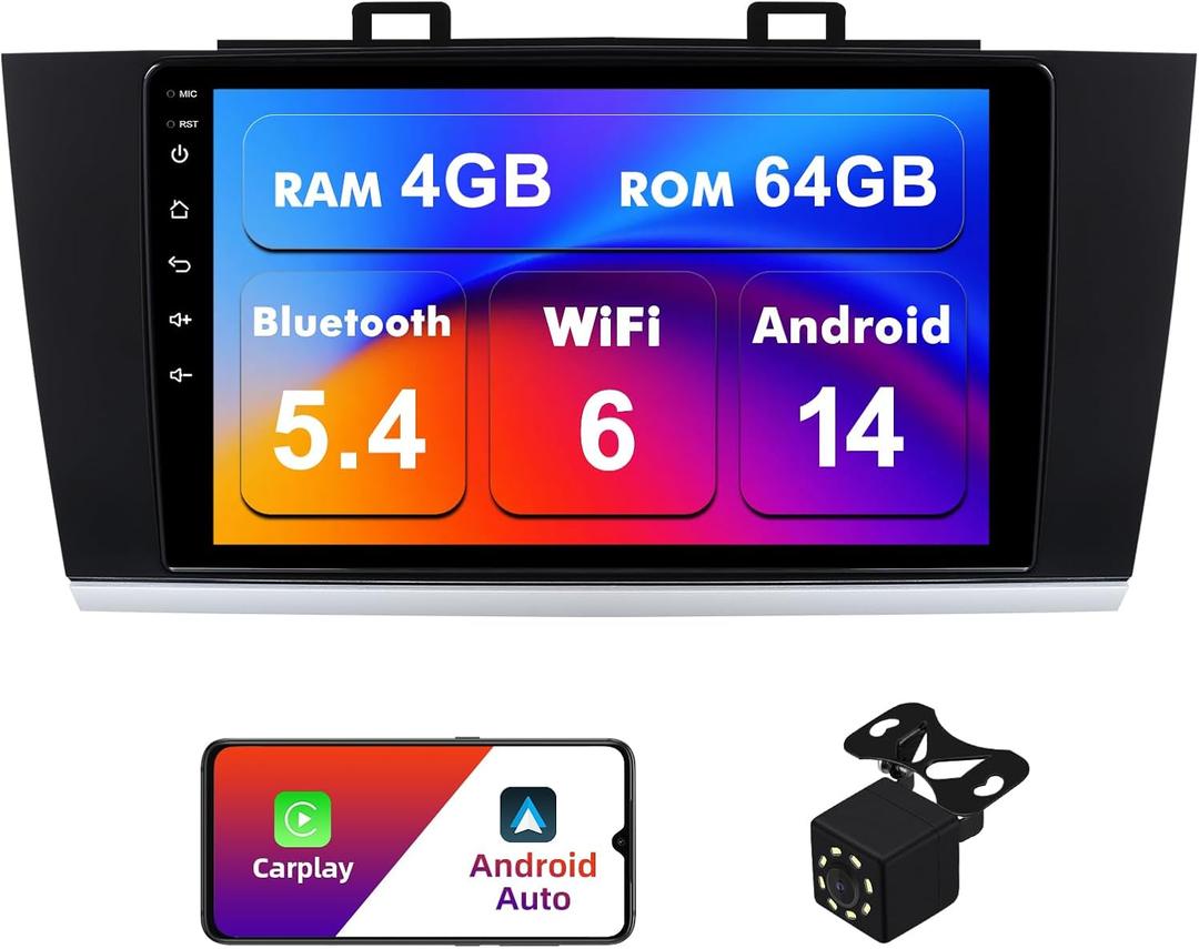 4+64G Android 14 Double Din Car Stereo for Subaru Outback Legacy 2015-2018 with 9 Inch Touchscreen Radio Built-in Wireless Carplay/Android Auto/GPS/Bluetooth/FM/AUX/SWC/Backup Camera