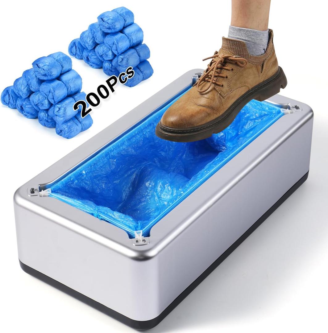 Shoe Covers Dispenser with 200pcs Shoe Cover Disposable Non Slip, User-Friendly and Reliable Shoe Cover Machine, Fits Size Up to 11 US Men, Widely Applicable in Indoor (Silver)