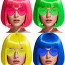 Colored Bob Wigs with Heart Sunglasses and Hair Cap- 4 Sets | Pink Blue Yellow Green Short Neon Bob Wig with Bangs Colorful Funny Hair for Women Men Costume Party Favors