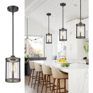 Farmhouse Pendant Light Fixtures, 1-Light Black Glass Pendant Lights for Kitchen Island, Industrial Rustic Mini Hanging Lighting with Rod, Wood Finish, Adjustable Length, OS-3014