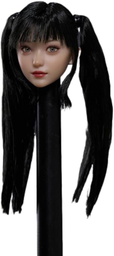 1/6 Scale Female Head Sculpt Asian Young Girl Big Movable Eyes Double Ponytail Black Long Hair Head for 12inch Phicen, TBLeague Action Figure Body Collection