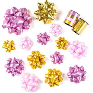 WRAPAHOLIC 16 Pcs Gift Bows Assortment - 14 Multi Colored Assorted Size Gift Bows(Pink, Gold), 2 Crimped Curling Ribbons, Perfect for Holiday, Party (Pink & Gold -16 Pcs)