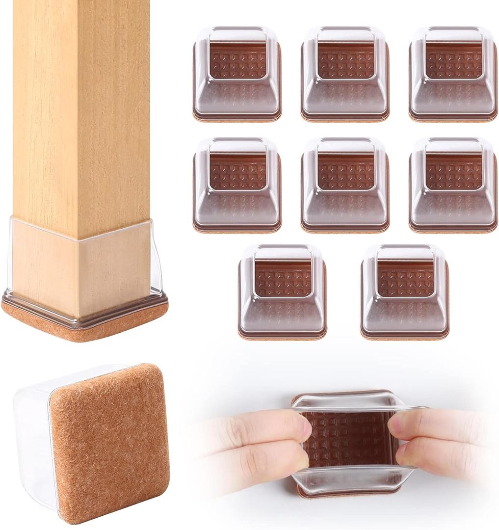 Ezprotekt 8 Pcs Extra Large Square Chair Leg Floor Protectors, Silicone Felt Furniture Pads for Hardwood Floor, Dining Table Bar Stool Leg Protectors Leg Cups Covers (XL Fit: 1.5" - 2", Clear)