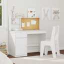 Kids Study Desk with Chair, Kids Desk Chair Set for 5-12 Years Old, Children Wooden Study Table with Hutch & Storage Cabinet, Student Writing Table Computer Workstation for Girls and Boys, White