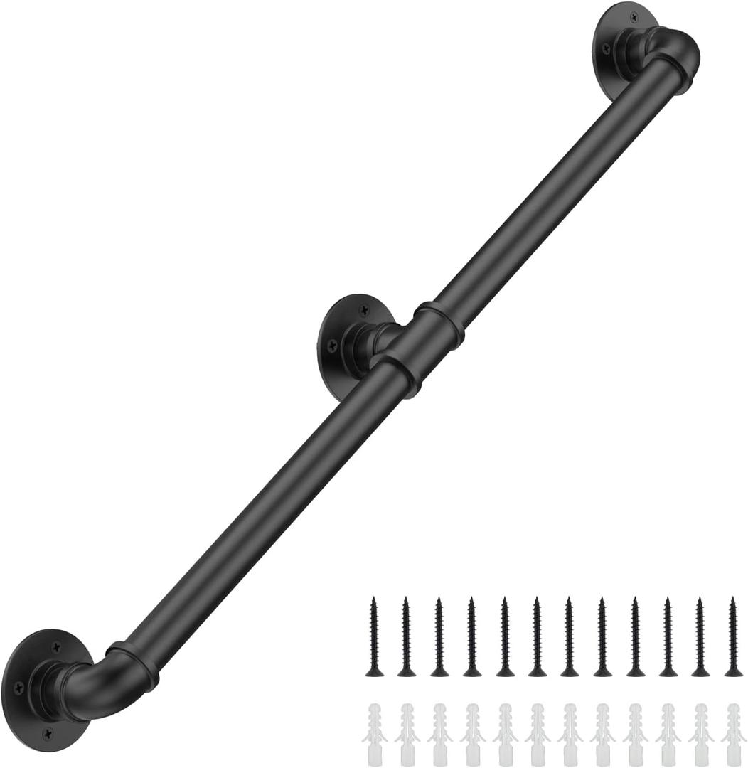 6FT Industrial Stair Railing Wall Mount Staircase Handrail 1.3 Pipe Hand Rail for Steps Grab Bar Foot Rail Vintage Pipe Railing Black Deck Handrail for Outdoor Indoor Stairs Porch