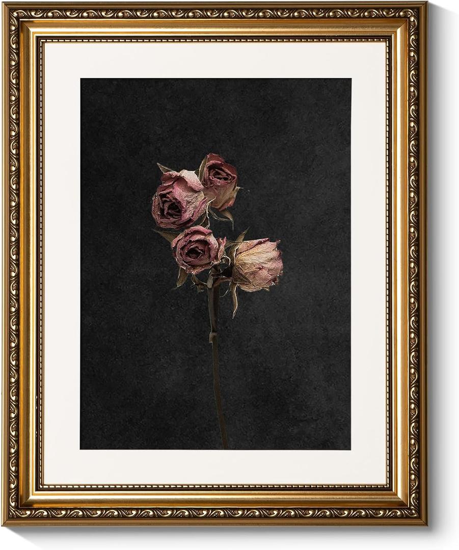 ARPEOTCY Vintage Gold Framed Wall Art, Retro Dark Dried Rose Paintings, Floral Canvas Prints Artwork with Antique Frame, Victorian Wall Picture Decor for Room Gallery Living Room 13x16 inch
