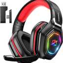 Ozeino 2.4GHz Gaming Headset Wireless with Flip Mic for Ps5, Ps4, PC, Gaming Headphones with USB-A & USB-C Transmitter, 40Hr Battery Gamer Headset for Laptop, Mobile, Mac (Red)