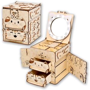 3D Wooden Puzzle Cat Treasure Box, Wood Creative Assembly Model Building Kits to Build for Adults and Teens, DIY Cat Jewelry Box with Mirror Hobbies Projects Gift for Women