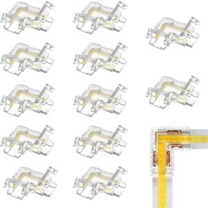 12Pack 2-Pin 8mm L Shape LED Strip Connector, Solderless Transparent Corner Connector for COB Light Strips, No Tool & Reusable, No Dark Area for Single Color 12V 24V