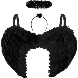 REDSTAR FANCY DRESS Black Angel Wings and Halo - Adult Women's Dark Angel Halloween Costume Accessory Set with Black Feather Wings and Halo Headband