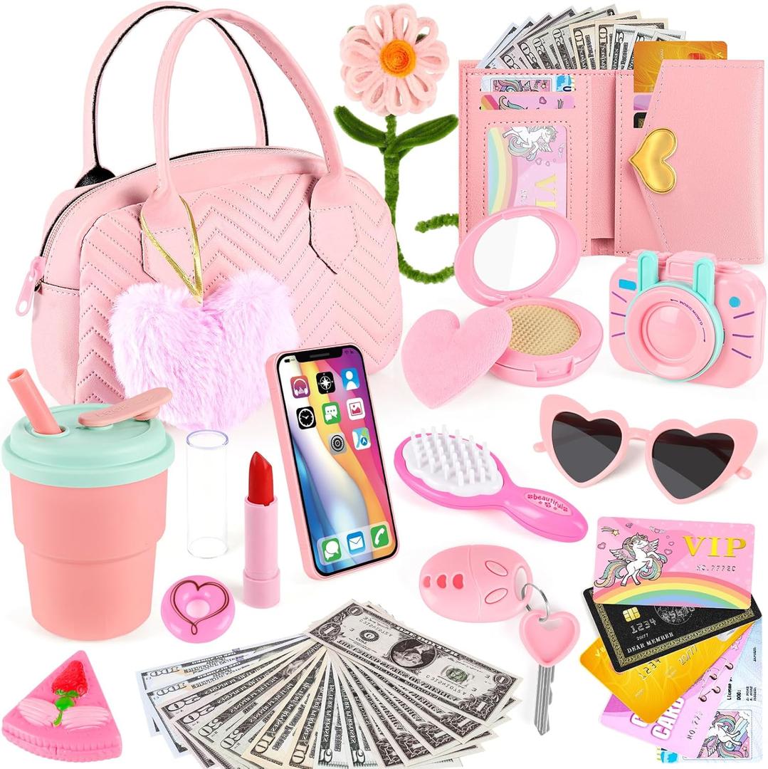 Play Purse for Little Girls Toddler, 35PCS Toddler Purse with Pretend Makeup for Kids, Girl Toys Princess Toy Includes Handbag, Phone, Kids Toy Purse Christmas Birthday Gift for Girls 3 4 5 6 7 8+