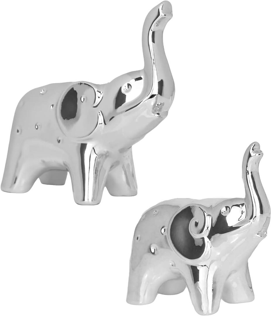 A Pair Elephant Statues Silver Ceramic Elephant Figurine for Livingroom Bedroom Home Decor Office Desk Shelf Animals Figurine Decoration