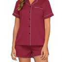 HALCYEEN Easy Care Women's Satin Pajama Set - 2 Piece Short Sleeve Sleepwear, Wrinkle-Resistant Loungewear(Wine Red,XL) (Red, XL)