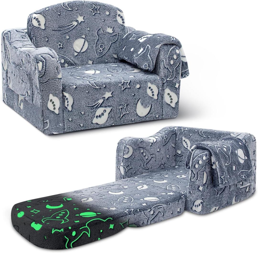 Comfy Toddler Couch and Chair for Kids with Blanket, 2-in-1 Soft Plush Fold Out Kids Sofa Chairs for Girls and Boys, Convertible Sofa to Lounger for Playroom, Glowing Starry Sky (Blue)