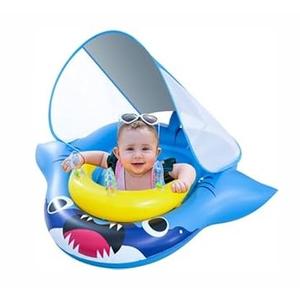Onory Baby Pool Float with Canopy, Infant Baby Swimming Pool Floats for 636 Months, Toddler Pool Float with UPF50+ Sun Protection Canopy & Toy Play Console, Adjustable Safety Seat（Shark A）